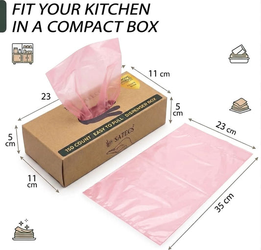 SATECS 150 Count Gallon Freezer Bags (23x35 cm) - Pink Plastic Food Storage Bags in Easy-Pull Dispenser Box - Flat Open Top Large Sandwich Bags for Kitchen Organization, Batch Cooking & Soup Storage