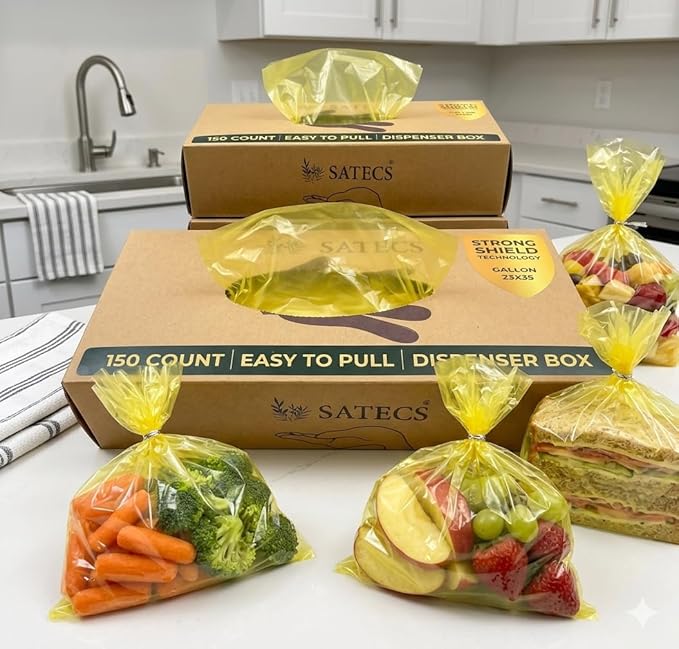 SATECS 150 Count Gallon Freezer Bags (23x35 cm) - Yellow Plastic Food Storage Bags in Easy-Pull Dispenser Box - Flat Open Top Large Sandwich Bags for Kitchen Organization, Batch Cooking & Soup Storage