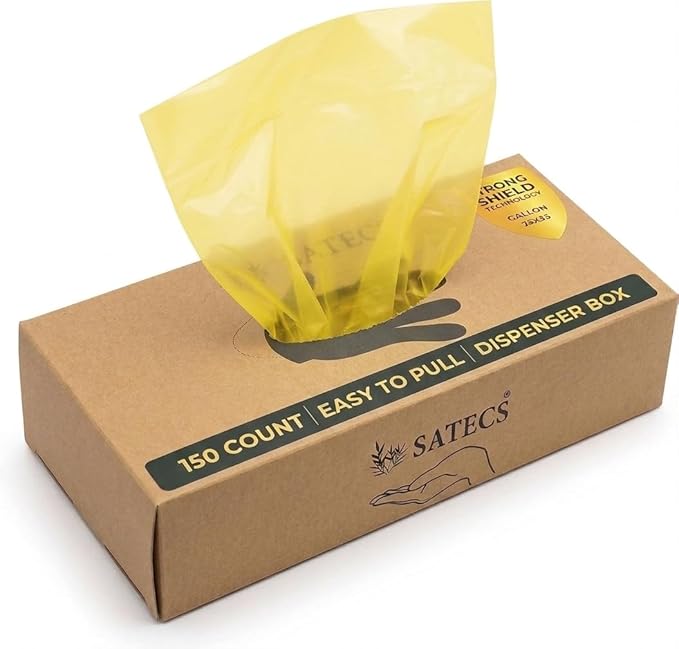 SATECS 150 Count Gallon Freezer Bags (23x35 cm) - Yellow Plastic Food Storage Bags in Easy-Pull Dispenser Box - Flat Open Top Large Sandwich Bags for Kitchen Organization, Batch Cooking & Soup Storage