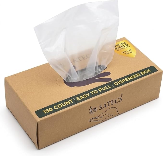 SATECS 150 Count Gallon Freezer Bags (23x35 cm) - Clear Plastic Food Storage Bags in Easy-Pull Dispenser Box - Flat Open Top Large Sandwich Bags for Kitchen Organization, Batch Cooking & Soup Storage