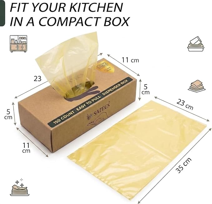 SATECS 150 Count Gallon Freezer Bags (23x35 cm) - Yellow Plastic Food Storage Bags in Easy-Pull Dispenser Box - Flat Open Top Large Sandwich Bags for Kitchen Organization, Batch Cooking & Soup Storage