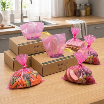 SATECS 150 Count Gallon Freezer Bags (23x35 cm) - Pink Plastic Food Storage Bags in Easy-Pull Dispenser Box - Flat Open Top Large Sandwich Bags for Kitchen Organization, Batch Cooking & Soup Storage