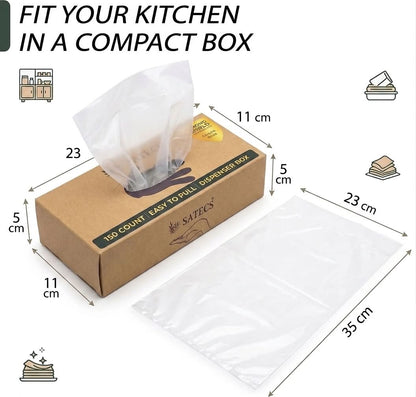 SATECS 150 Count Gallon Freezer Bags (23x35 cm) - Clear Plastic Food Storage Bags in Easy-Pull Dispenser Box - Flat Open Top Large Sandwich Bags for Kitchen Organization, Batch Cooking & Soup Storage