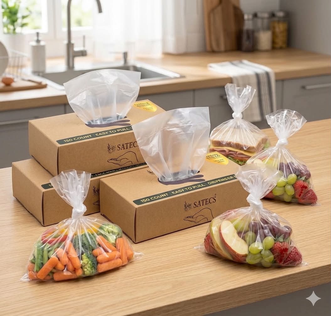 SATECS 150 Count Gallon Freezer Bags (23x35 cm) - Clear Plastic Food Storage Bags in Easy-Pull Dispenser Box - Flat Open Top Large Sandwich Bags for Kitchen Organization, Batch Cooking & Soup Storage