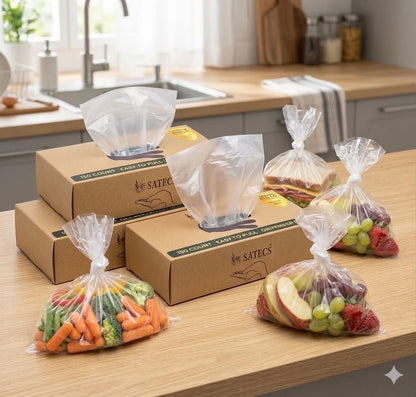 SATECS 150 Count Gallon Freezer Bags (23x35 cm) - Clear Plastic Food Storage Bags in Easy-Pull Dispenser Box - Flat Open Top Large Sandwich Bags for Kitchen Organization, Batch Cooking & Soup Storage